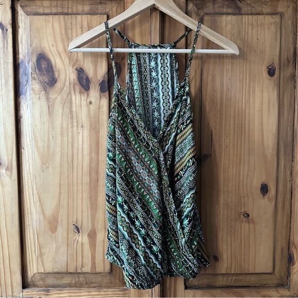 Wrap Around V Neck Racerback Tank Top Bohemian Green Orange Black White XL - Picture 1 of 9